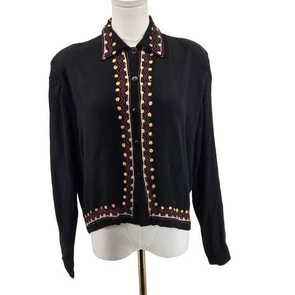 BILA Button-Up Womens S Black Cropped Rayon Embroidered Collared Long Sleeve